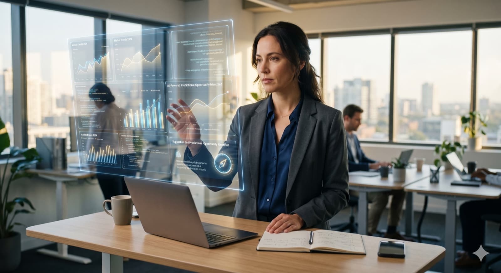 Professionnelle analysant des prédictions d'IA sur un tableau de bord holographique